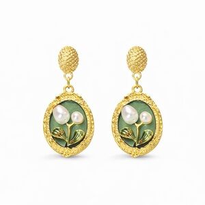 ⚜️ Floral Gold and Green Earrings With Pearl Accents